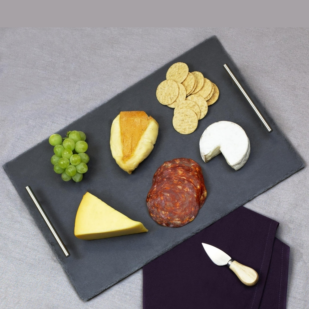 NEW Home Basics Slate Serving Tray with Stainless Steel Handles Black 12" × 16"